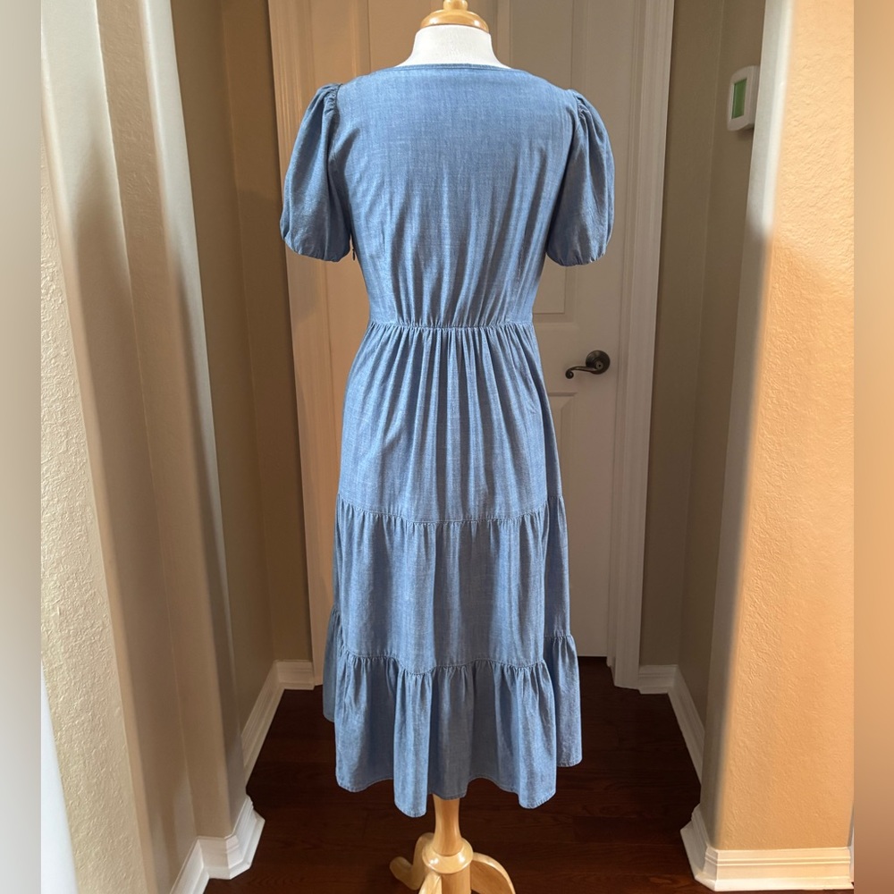 J. Crew Factory Denim Blue Puff Sleeve Midi Dress - Picture 5 of 7